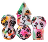 White Multi-Colour Mix Pattern Dice 7-Dice Set w/Black Dnd Dice Resin