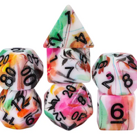White Multi-Colour Mix Pattern Dice 7-Dice Set w/Black Dnd Dice Resin