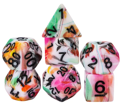 White Multi-Colour Mix Pattern Dice 7-Dice Set w/Black Dnd Dice Resin