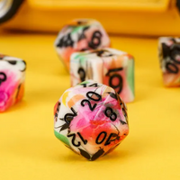 White Multi-Colour Mix Pattern Dice 7-Dice Set w/Black Dnd Dice Resin