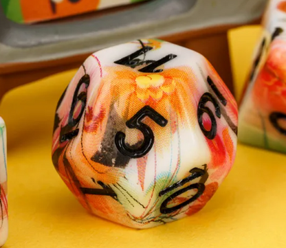 White Multi-Colour Mix Pattern Dice 7-Dice Set w/Black Dnd Dice Resin