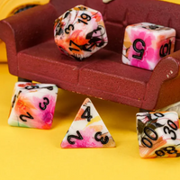 White Multi-Colour Mix Pattern Dice 7-Dice Set w/Black Dnd Dice Resin