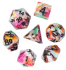 White Multi-Colour Mix Pattern Dice 7-Dice Set w/Black Dnd Dice Resin