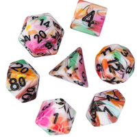 White Multi-Colour Mix Pattern Dice 7-Dice Set w/Black Dnd Dice Resin