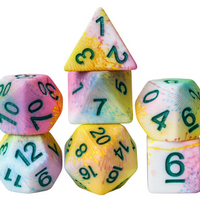 Pastel Multi-Colour Mix Pattern Dice 7-Dice Set w/Green Dnd Dice Resin