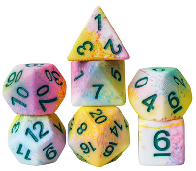 Pastel Multi-Colour Mix Pattern Dice 7-Dice Set w/Green Dnd Dice Resin
