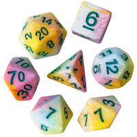 Pastel Multi-Colour Mix Pattern Dice 7-Dice Set w/Green Dnd Dice Resin