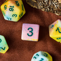 Pastel Multi-Colour Mix Pattern Dice 7-Dice Set w/Green Dnd Dice Resin