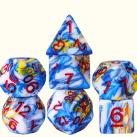 Fancy Multi-Colour Mix Pattern Dice 7-Dice Set w/Red Dnd Dice Resin