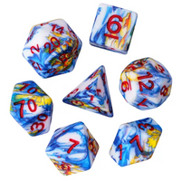 Fancy Multi-Colour Mix Pattern Dice 7-Dice Set w/Red Dnd Dice Resin