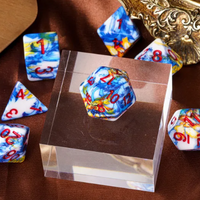 Fancy Multi-Colour Mix Pattern Dice 7-Dice Set w/Red Dnd Dice Resin