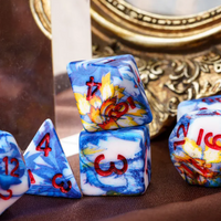 Fancy Multi-Colour Mix Pattern Dice 7-Dice Set w/Red Dnd Dice Resin