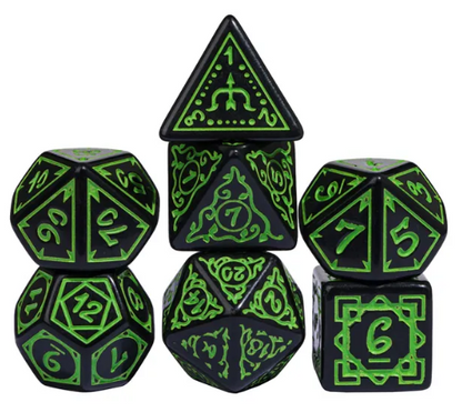 Green Druid Pattern 7-Dice Set – Black & Green DND RPG Dice