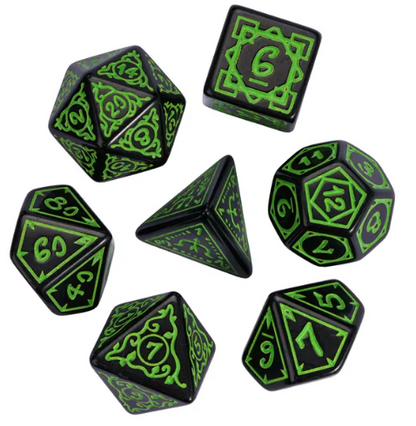 Green Druid Pattern 7-Dice Set – Black & Green DND RPG Dice