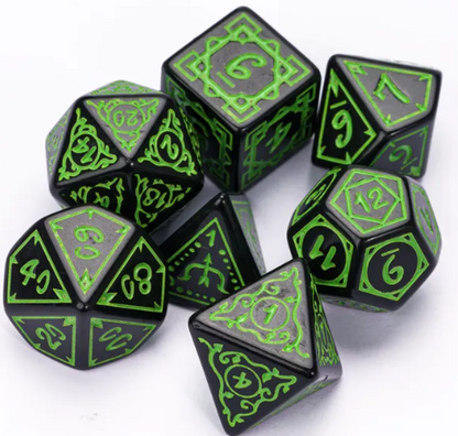Green Druid Pattern 7-Dice Set – Black & Green DND RPG Dice