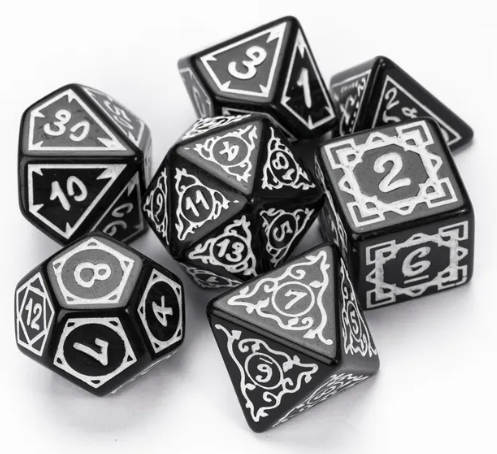 White Druid Pattern 7-Dice Set DND RPG Dice Black Druid Dice Set