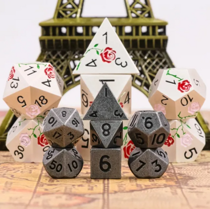 Basic Silver Mini Metal Dice Ancient Effect | (10mm to 15mm) 7-Dice Udixi RPG
