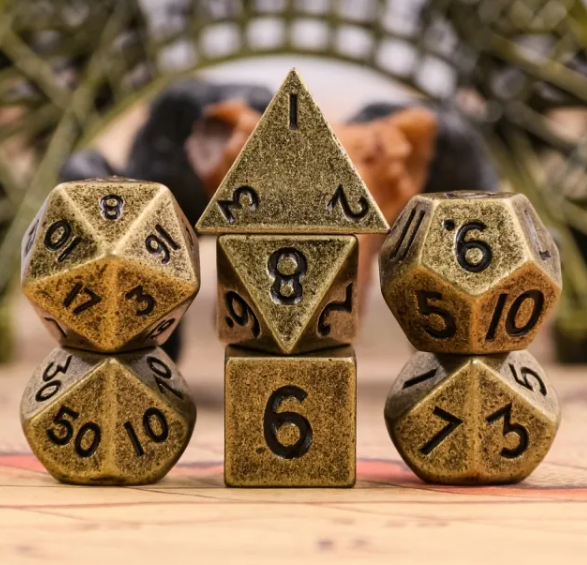 Basic Gold Mini Metal Dice Ancient Effect | (10mm to 15mm) 7-Dice Udixi RPG