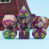 Violet Garden Dice 7-Dice Set | Purple and Green Glitter Primitive Font