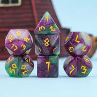 Violet Garden Dice 7-Dice Set | Purple and Green Glitter Primitive Font