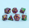 Violet Garden Dice 7-Dice Set | Purple and Green Glitter Primitive Font