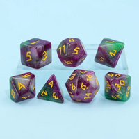 Violet Garden Dice 7-Dice Set | Purple and Green Glitter Primitive Font