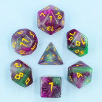 Violet Garden Dice 7-Dice Set | Purple and Green Glitter Primitive Font