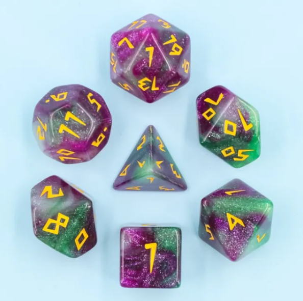 Violet Garden Dice 7-Dice Set | Purple and Green Glitter Primitive Font