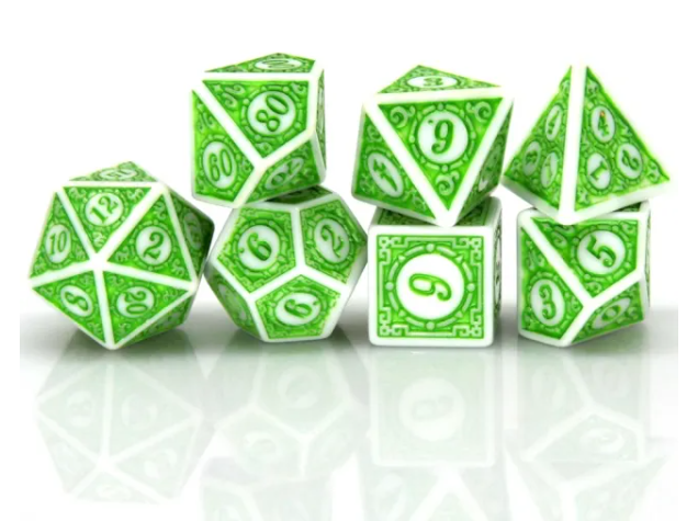 White & Green Magic Flame 7-Dice Set DND RPG Dice Green Color Fill