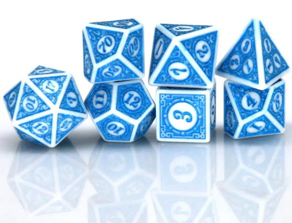 White & Blue Magic Flame 7-Dice Set DND RPG Dice Blue Color Fill