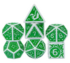 White with Green Irregular Pattern Fill: 7-Piece Acrylic Dice Set for D&D and RPG