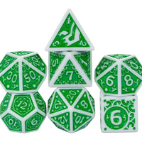 White with Green Irregular Pattern Fill: 7-Piece Acrylic Dice Set for D&D and RPG
