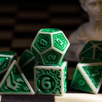White with Green Irregular Pattern Fill: 7-Piece Acrylic Dice Set for D&D and RPG