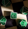 White with Green Irregular Pattern Fill: 7-Piece Acrylic Dice Set for D&D and RPG