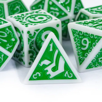 White with Green Irregular Pattern Fill: 7-Piece Acrylic Dice Set for D&D and RPG