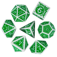 White with Green Irregular Pattern Fill: 7-Piece Acrylic Dice Set for D&D and RPG