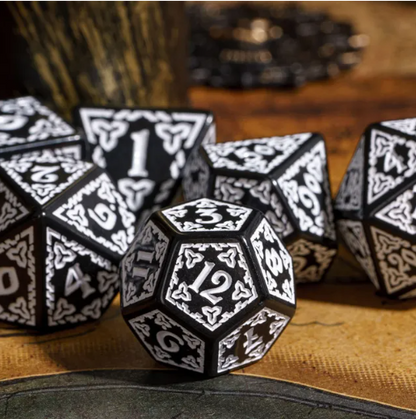 Celtic Knot Dice 7-Dice Set DND RPG Dice Druidic | White, Red, Orange, Yellow. Green, Blue