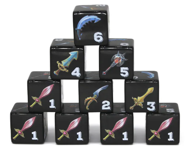 (Black) Sword Dice | Printed d6 Dice Featuring Fantasy Weapons Numbered