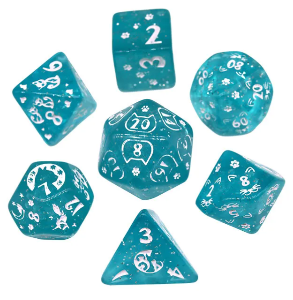 Imperfect - Cat's Meow Blue 7-Dice Set with Silver Glitter - Cat-Themed - Discounted