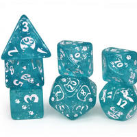 Imperfect - Cat's Meow Blue 7-Dice Set with Silver Glitter - Cat-Themed - Discounted