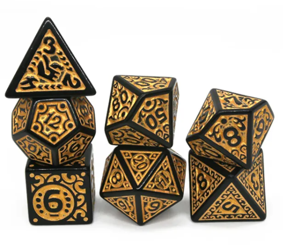 Black with Yellow Ink Irregular Pattern Fill | 7-Dice Acrylic Dice Set