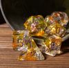 Radiant Dawn: Cleric Sun 7-Dice Set with Golden Sunburst | Yellow & Orange Sun Dice