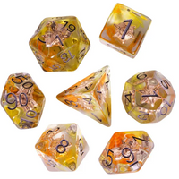 Radiant Dawn: Cleric Sun 7-Dice Set with Golden Sunburst | Yellow & Orange Sun Dice