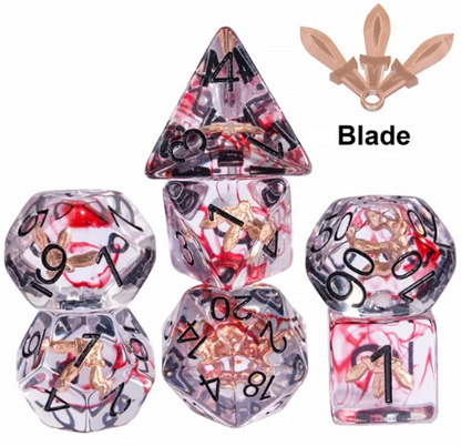 Crimson Veil: Rogue's Deception 7-Dice Set with Gilded Triple Dagger Inlay