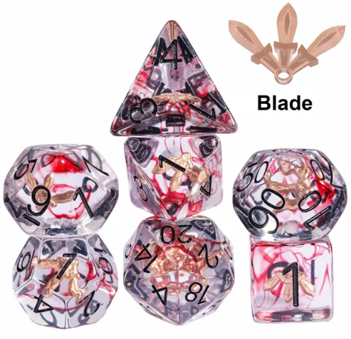 Crimson Veil: Rogue's Deception 7-Dice Set with Gilded Triple Dagger Inlay