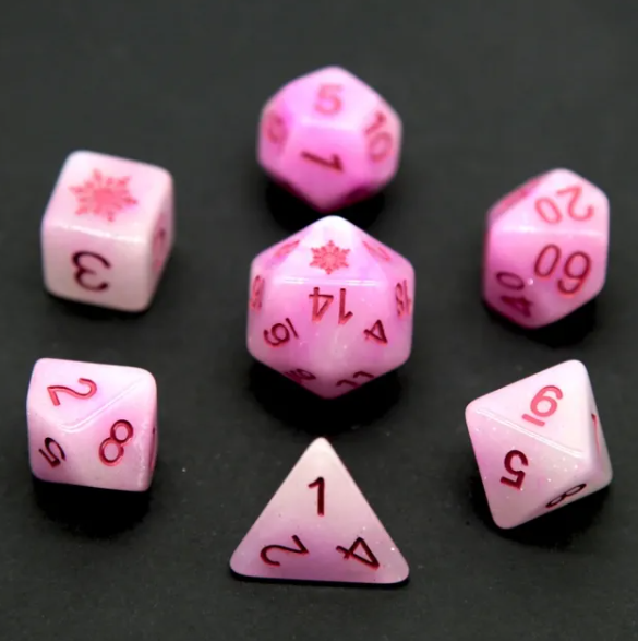 Pink Blizzard's Kiss: Snowflake D&D 7-Dice Set w/Snowflake Emblem