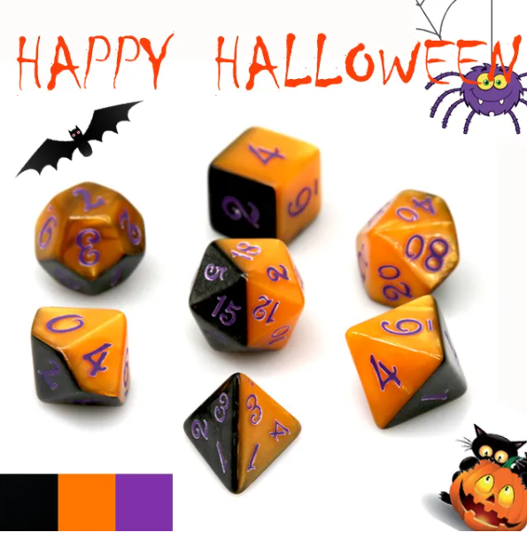 Half-Half Dice Orange & Black  7-Dice Set DND RPG Dice Purple Ink Halloween
