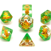 Lion Dice Clear & Green 7-Dice Set DND RPG Dice Gold Ink Crown Inclusion
