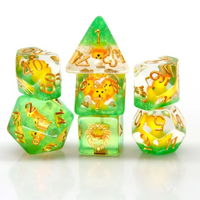 Lion Dice Clear & Green 7-Dice Set DND RPG Dice Gold Ink Crown Inclusion