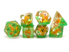Lion Dice Clear & Green 7-Dice Set DND RPG Dice Gold Ink Crown Inclusion